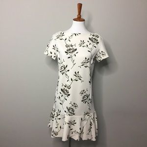 Zara Ivory Rose Print Ruffle Drop Waist Dress
